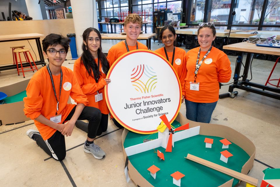 The orange team created a windmill challenge for their minigolf course.