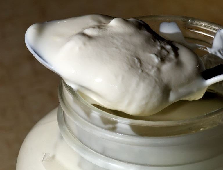 Homemade yogurt is scooped from a jar.