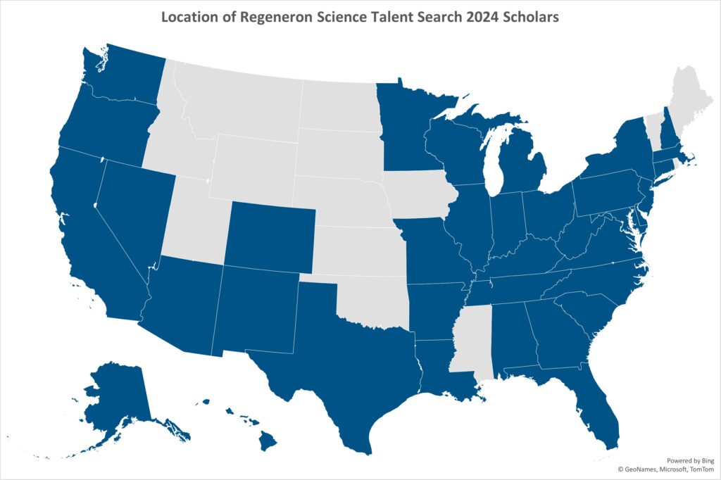 A map of all the states home to 2024 Regeneron STS Scholars