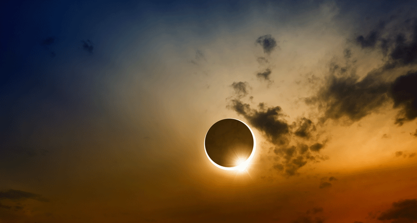 When the moon passes in front of the sun, the moon casts its shadow on the Earth, blocking the view of our local star. This is a type of eclipse (seen here in an illustration).