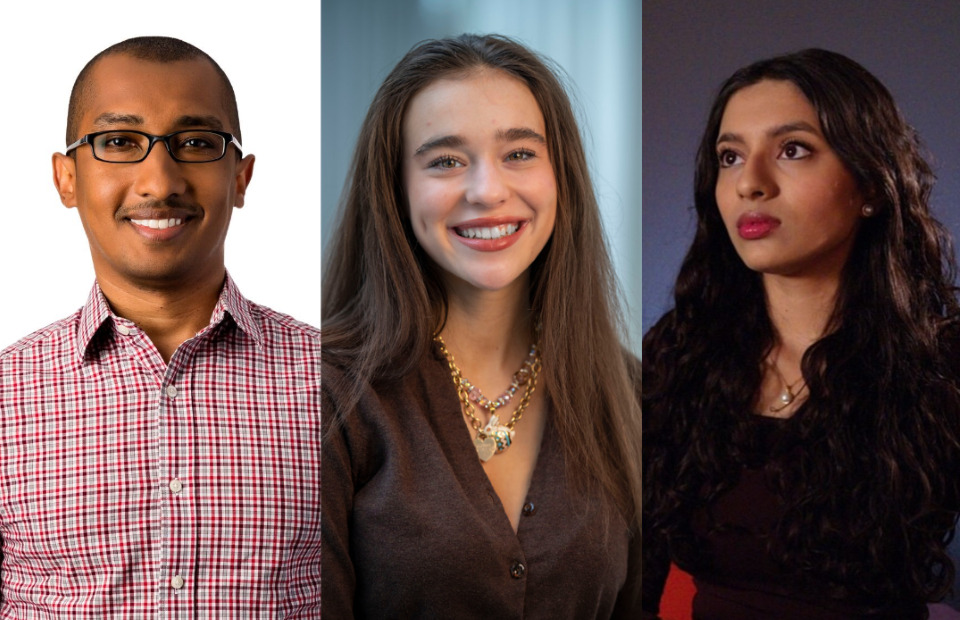 Headshots of Lester Mackey, Emily Ocasio and Sneha Revanur