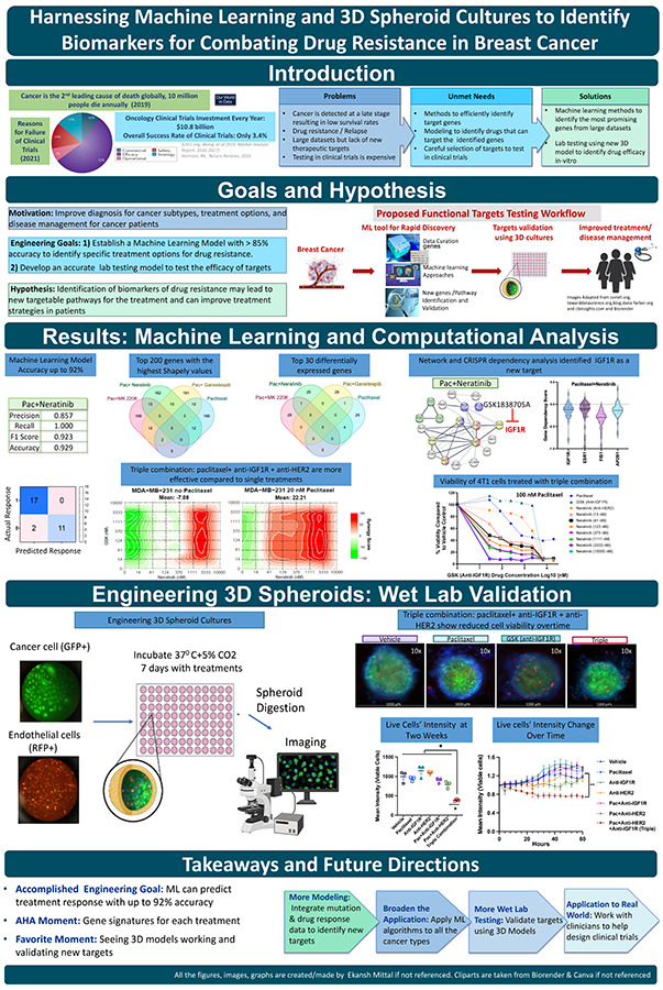 2024 Science Talent Search finalist Ekansh Mittal project poster: Harnessing Machine Learning and 3D Spheroid Cultures To Identify Biomarkers for Combating Drug Resistance in Breast Cancer