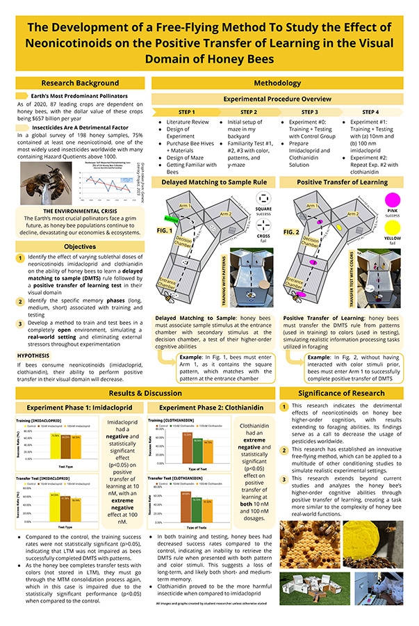 2024 Science Talent Search finalist Charisse Zou project poster: The Development of a Free-Flying Method To Study the Effect of Neonicotinoids on the Positive Transfer of Learning in the Visual Domain of Honey Bees