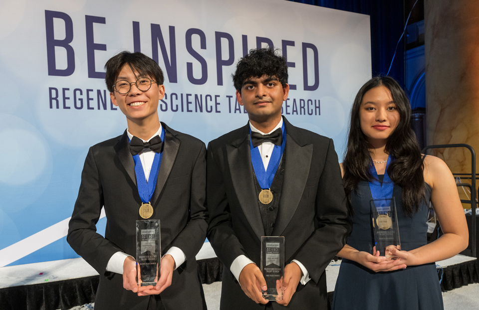 The Top 3 winners of the 2024 Regeneron Science Talent Search: Thomas Cong (2nd place), Achyuta Rajaram (1st place) and Michelle Wei (3rd place)