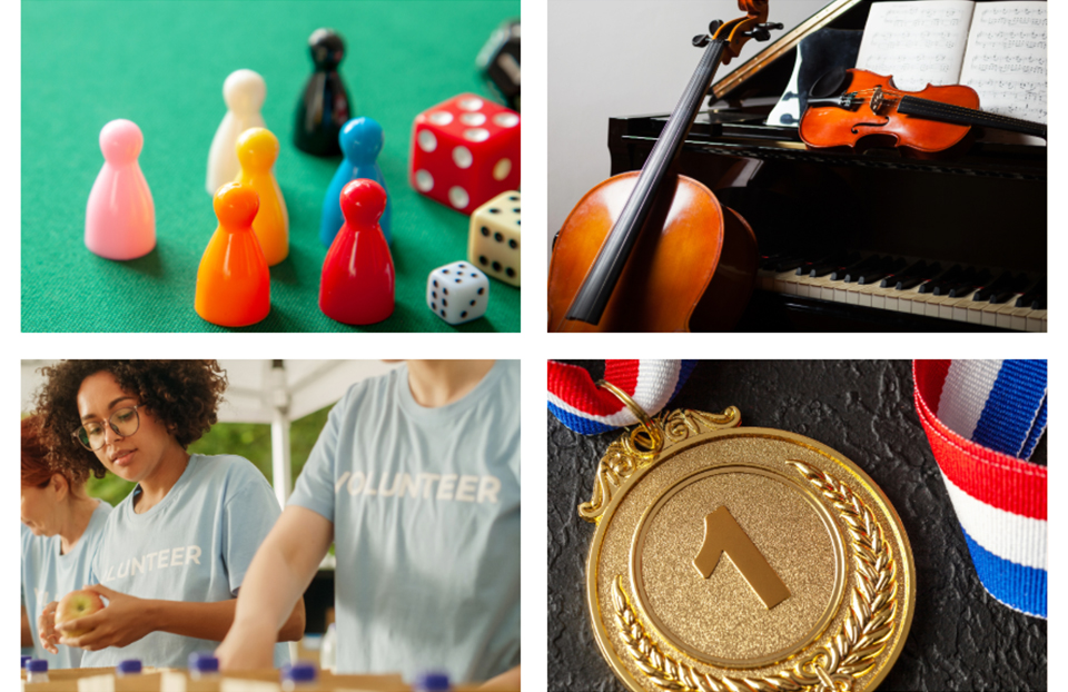A grid photo showcasing board game pieces, orchestral instruments, volunteering, and a 1st place medal.