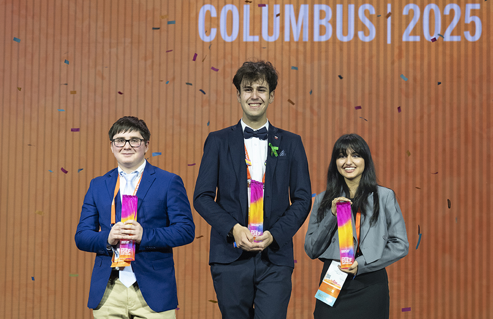 2025 Regeneron ISEF Top Award Winners: Adam Kovalčík (center), Benjamin Davis(L), and Siyaa R. Poddar (R) at the world’s largest pre-college STEM competition in Columbus, Ohio