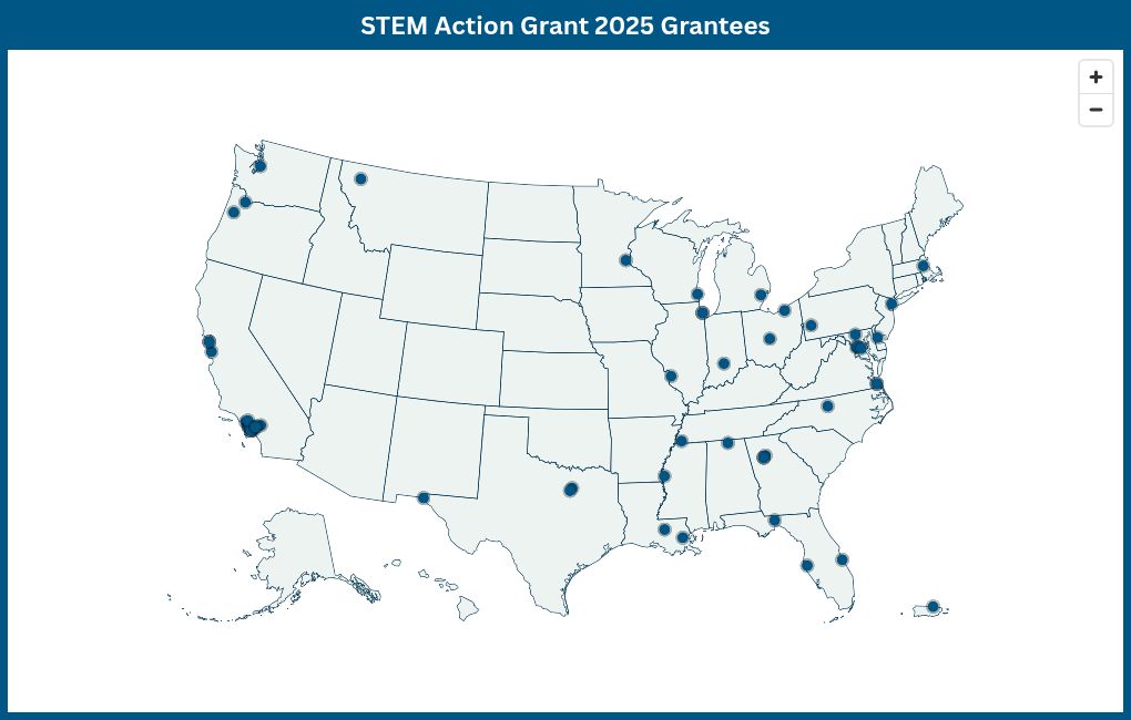 Map visualization of the 2025 STEM Action Grant awardees across the United States and Puerto Rico.