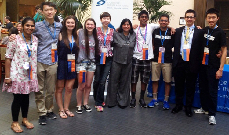 Maya Ajmera with Intel STS 2016 finalists during Intel ISEF 2016. Maya Ajmera with Intel STS 2016 finalists during Intel ISEF 2016. PHOTOS COURTESY OF SOCIETY FOR SCIENCE & THE PUBLIC.