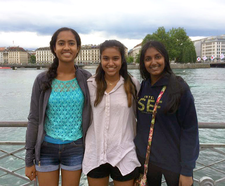 Nitya (left), Krithika Iyer, and Kavita Selva in downtown Geneva.
