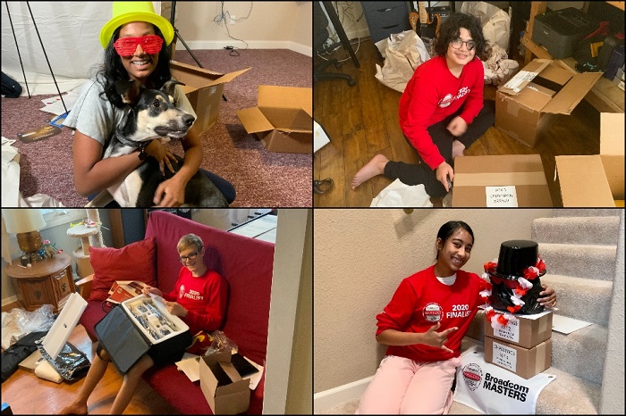 grid of four photos, students posing with packages/boxes they received