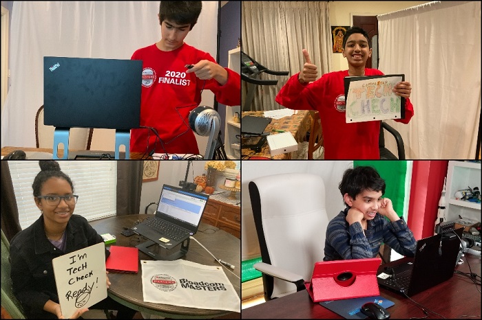 grid of four photos, students setting up tech