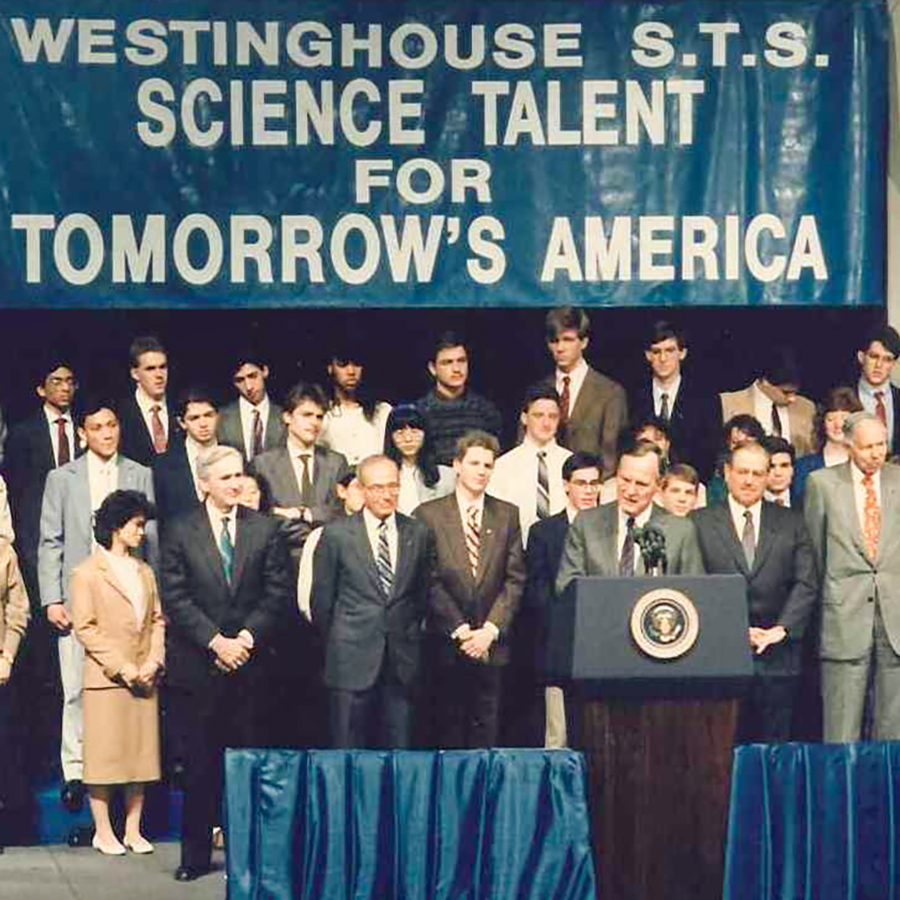 President George H. W. Bush speaks to STS finalists at the National Academy of Sciences