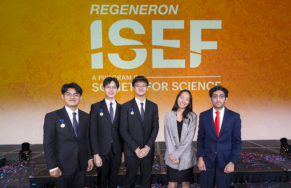 ISEF 2023 Grand Awards Ceremony - Dallas, Texas - Top Award Winners: Kaitlyn Wang (Grand Award Winner), Saathvik Kannan, Teepakorn Keawumdee, Pannathorn Siri, and, Poon Trakultangmun