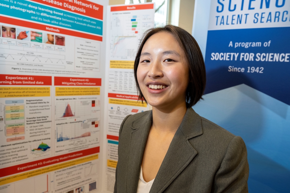 Ellen Xu at her project board, Regeneron STS 2023, Science Talent Search, project, public day