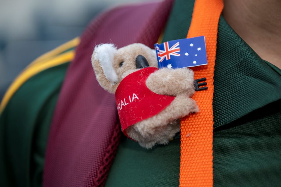 2024 ISEF - A koala pin from Team Australia on an orange lanyard.