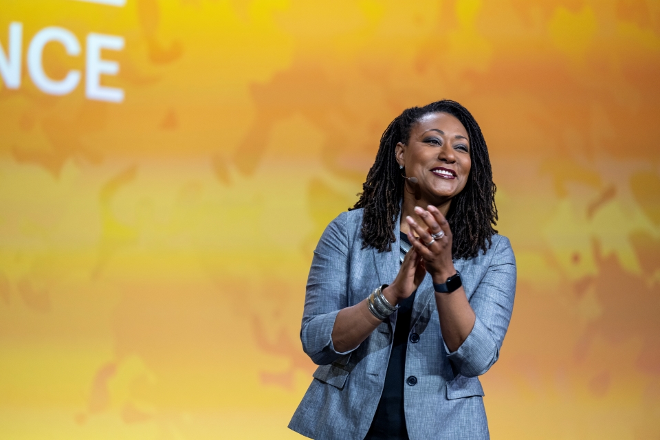 Barb Baker presenting from the ISEF stage