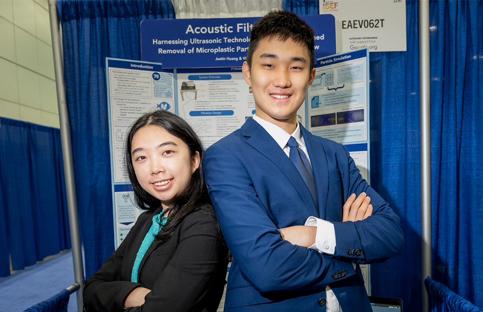 ISEF 2024: Justin Huang and Victoria Ou, both 17, of Woodlands, Texas, received the Gordon E. Moore Award for Positive Outcomes for Future Generations of $50,000 for their new prototype filtration system that uses ultrasonic waves to remove microscopic plastic particles from water.