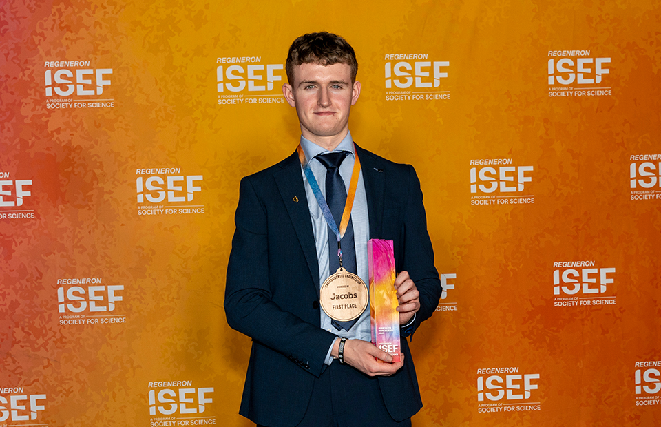 Backstage at the Grand Awards Ceremony - the 2024 Regeneron International Science and Engineering Fair, Los Angeles, CA, May 17, 2024 First Award Winner - Environmental Engineering, sponsored by Jacobs Jack Shannon, Clane, Kildare, Ireland Jack Shannon, 18, of Clane, Kildare, Ireland, received the EU Contest for Young Scientists Award.