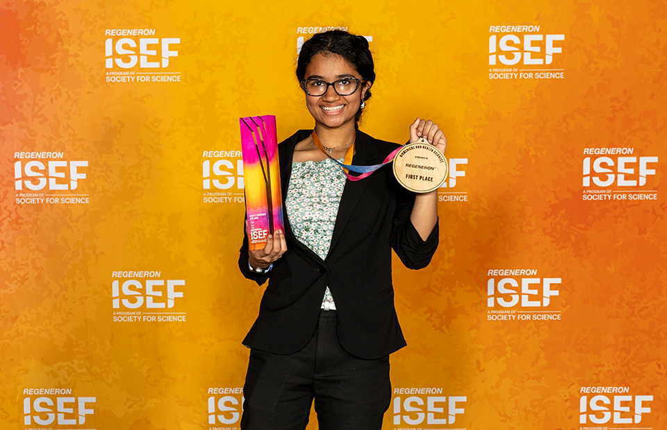 Backstage at the Grand Awards Ceremony - the 2024 Regeneron International Science and Engineering Fair, Los Angeles, CA, May 17, 2024: Ria Kamat, 17, of Hackensack, New Jersey received the Dudley R. Herschbach SIYSS Award, which provides finalists an all-expense paid trip to attend the Stockholm International Youth Science Seminar during Nobel Week in Stockholm, Sweden.