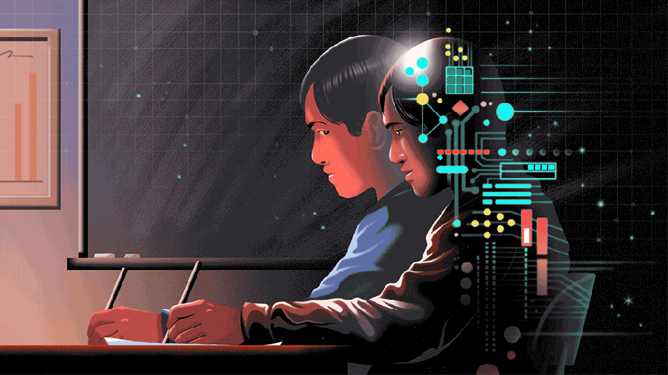 Illustration of a boy writing, alongside a robotic version of himself.