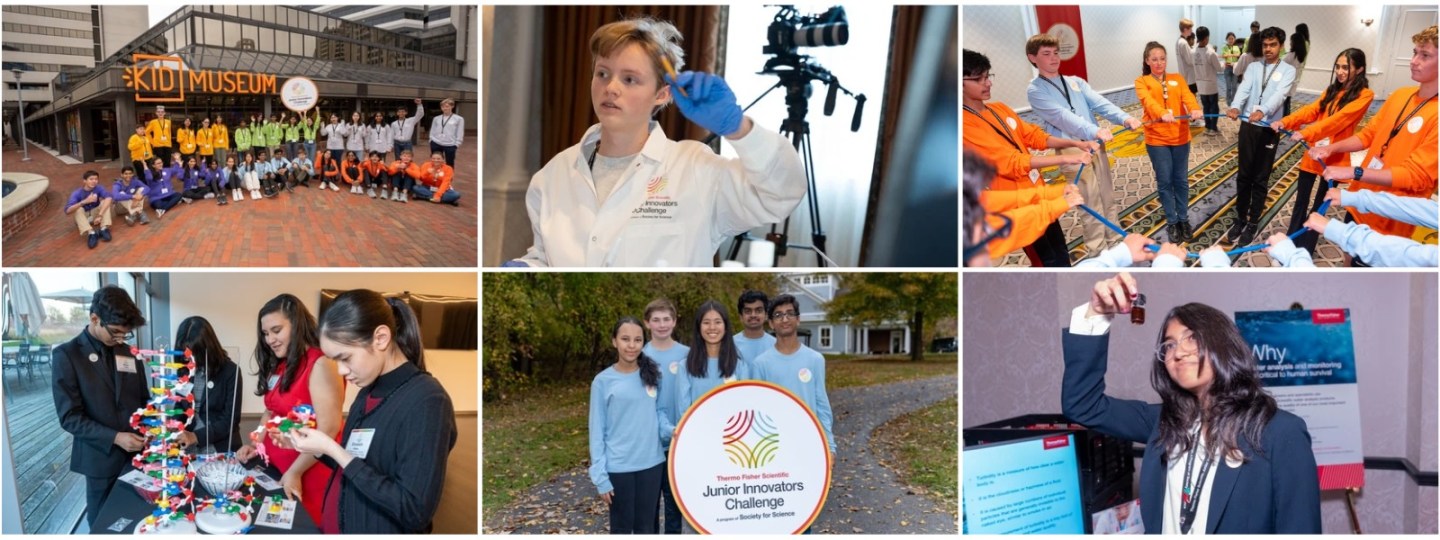 Collage of six photos from the 2023 Thermo Fisher Scientific Junior Innovators Challenge