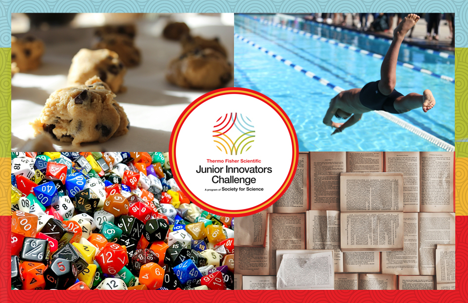 Cookies baking, a swimmer diving, books, and dice -- images representing interests and hobbies of the top 300