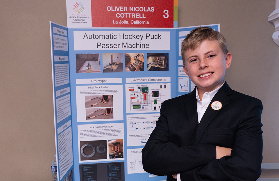 2024 Thermo Fisher JIC Finalist Oliver Nicolas Cottrell with Project at Public Day in Washington DC: Automatic Hockey Puck-Passer Machine