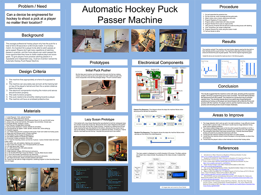 2024 Thermo Fisher JIC Finalist Oliver Nicolas Cottrell poster: Automatic Hockey Puck-Passer Machine