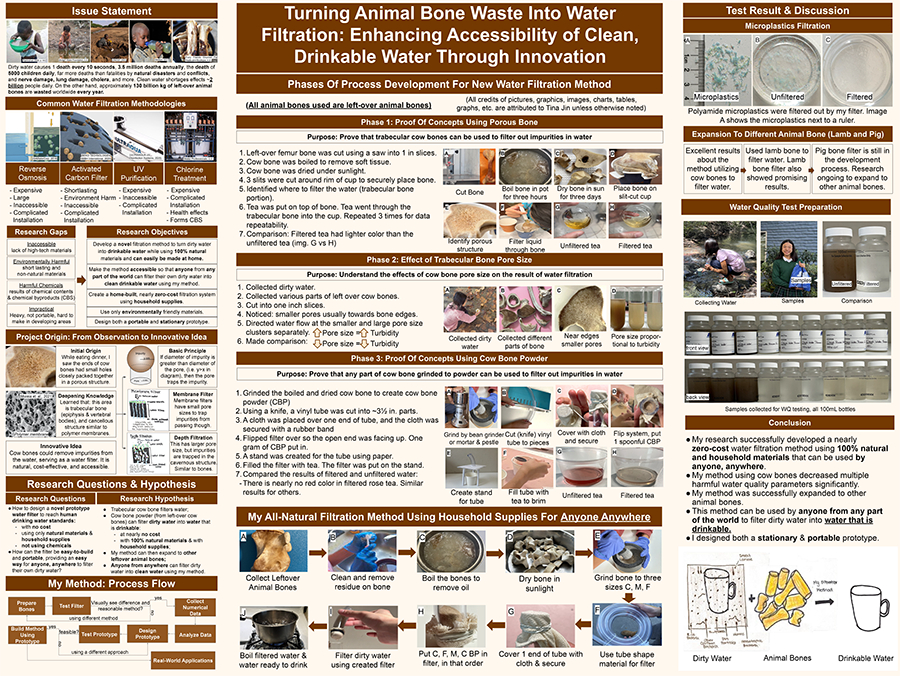 2024 Thermo Fisher JIC Finalist Tina Jin poster: Turning Animal Bone Waste Into Water Filtration: Enhancing Accessibility of Clean, Drinkable Water Through Innovation