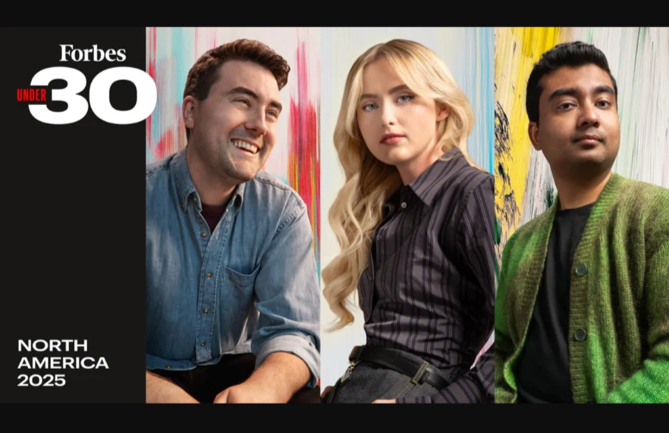 Image of three 30 Under 30 honorees with the Forbes logo in the corner