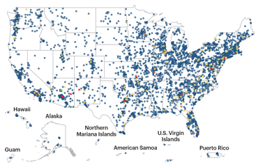 Map of the United States and territories with markers showing the nearly 6,000 schools in the program.