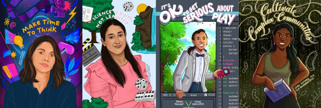 Illustrated portraits of Jessica Brillhart, Bayan Mashat, Tatheer Adnan and Leah Guthrie