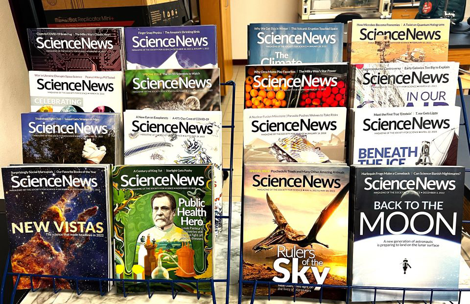 Magazine displays showcasing Science News issues.
