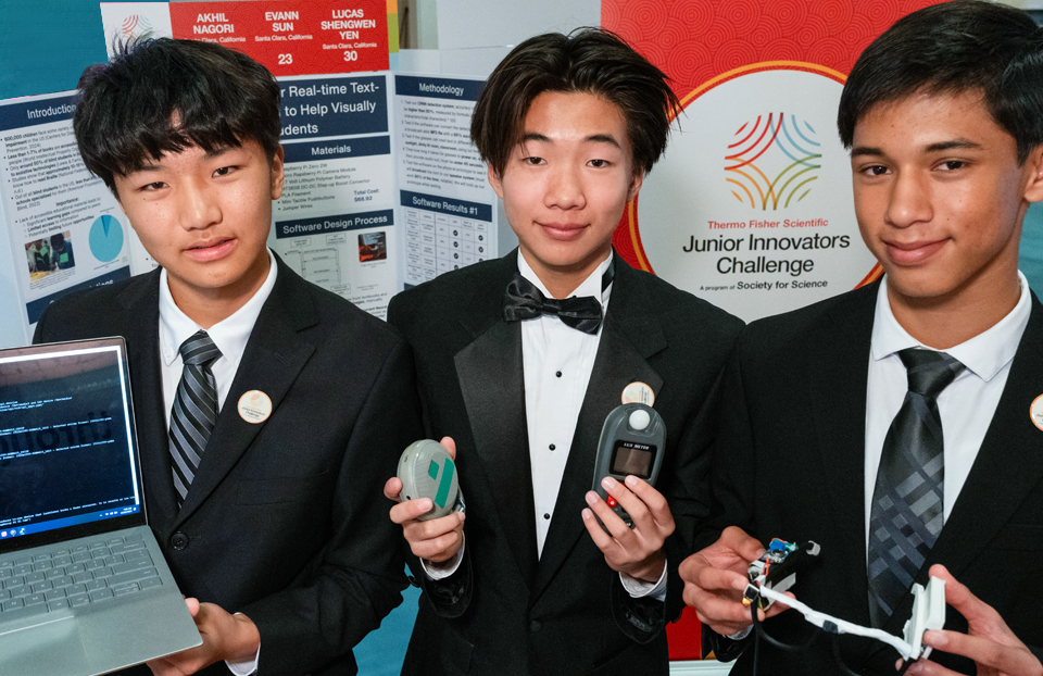 (L-R) Evann Sun, Lucas Shengwen Yen and Akhil Nagori - Public Day for the finalists of the 2025 Thermo Fisher Scientific Junior Innovators Challenge