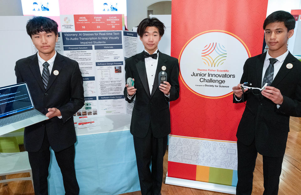 (L-R) Evann Sun, Lucas Shengwen Yen and Akhil Nagori - Public Day for the finalists of the 2025 Thermo Fisher Scientific Junior Innovators Challenge