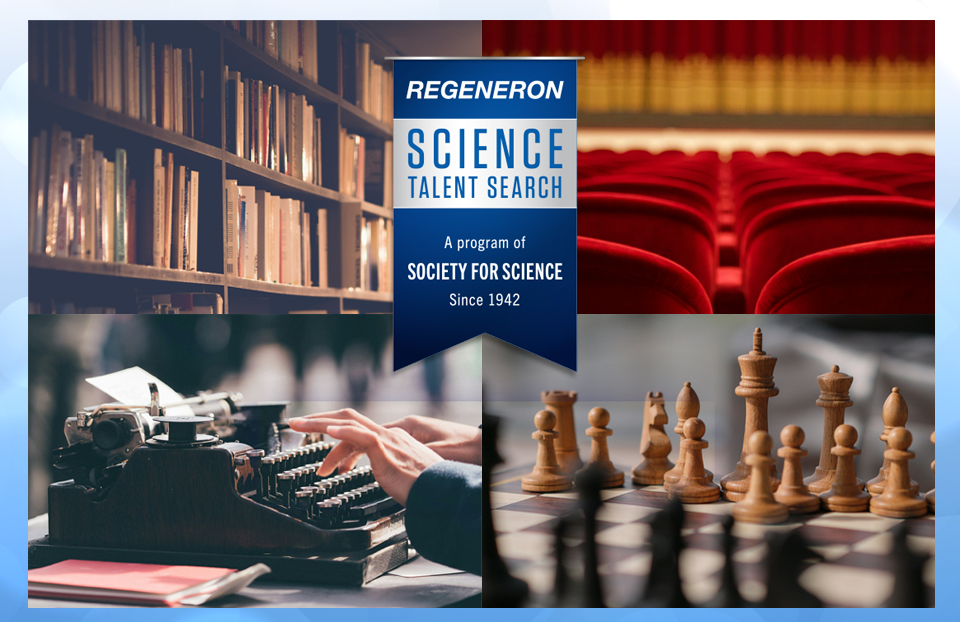The Regeneron Science Talent Search logo in front of images representing some of the scholars' activities: books, the theatre, a typewriter and chessboard.