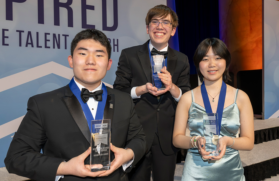 Congratulations to Connor Hill and the top winners of the 2026 Regeneron Science Talent Search! These remarkable young scientists — chosen from more than 2,600 applicants, the largest pool since 1967 — represent the future of discovery. (L-R) Edward Kang, Connor Hill and Iris Shen the top 3 winners of the 2026 Science Talent Search
