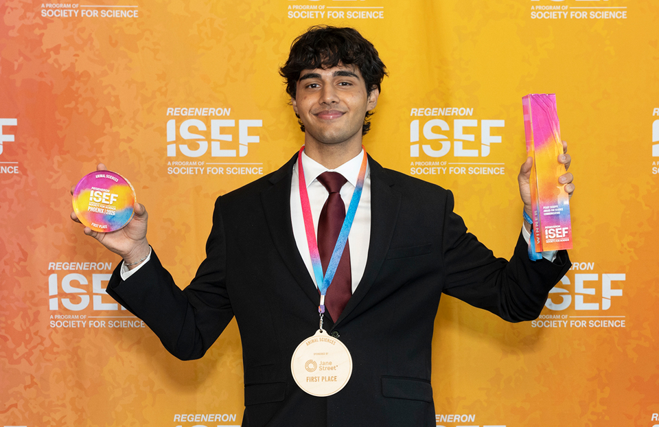 Grand Award Winner ISEF 2026, Phoenix: Aakash Manaswi, 17, of Orlando, Florida, received the Peggy Scripps Award for Science Communication of $10,000 for creating a carbon dioxide (CO2)-based system that kills honey bee pests.