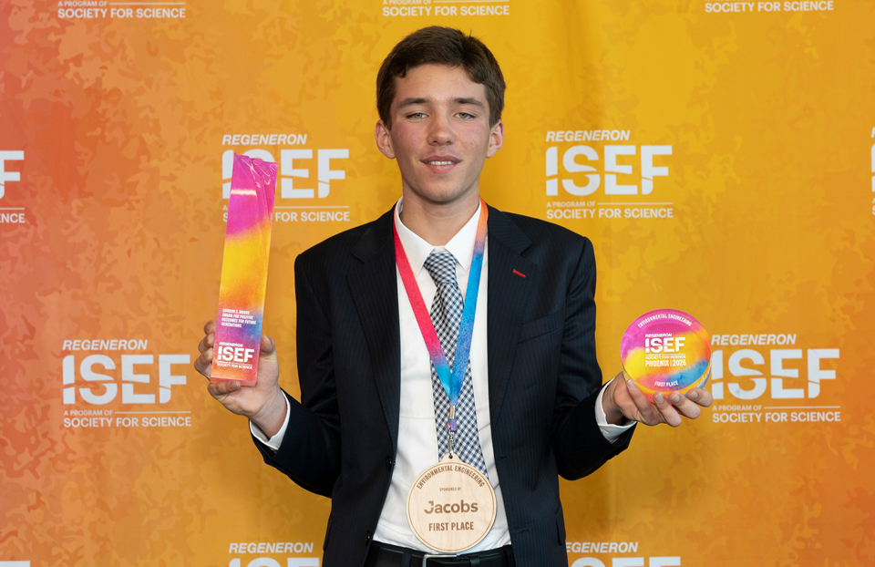ISEF 2026: Evan Budz, 15, of Ontario, Canada, received the Gordon E. Moore Award for Positive Outcomes for Future Generations of $50,000 for making an AI-powered imaging robot to find and measure tiny pieces of plastic in water.