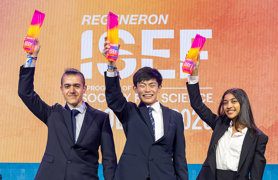 The Top 3 Grand Award Winners ISEF 2026, Phoenix: (L-R) Nikola Veselinov, 17, of Sofia, Bulgaria, Hikaru Kuribayashi, 17, of Sapporo, Japan, and Lakshmi Agrawal, 18, of Bellevue, Washington