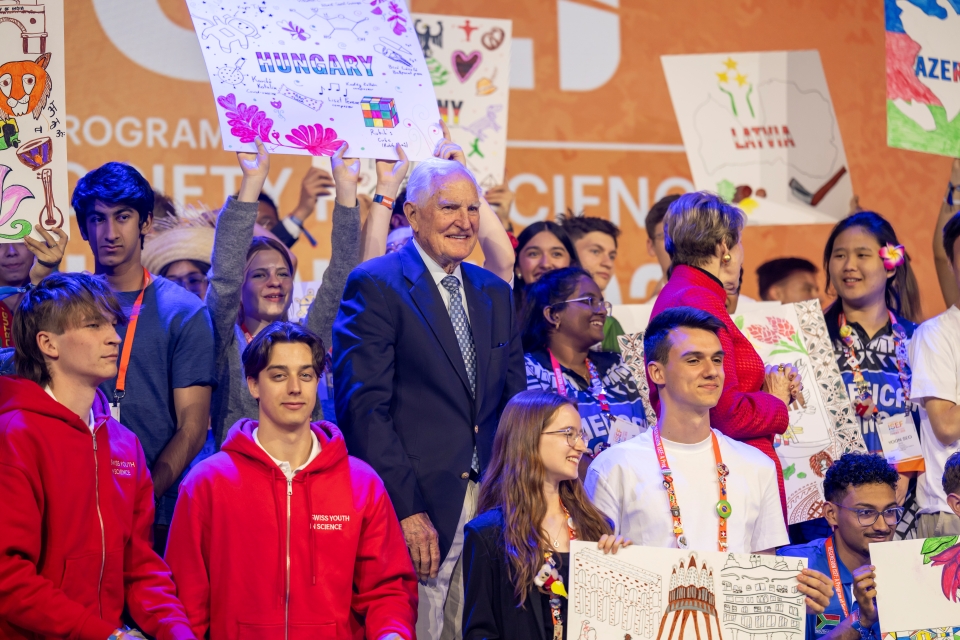 Craig Barrett on stage with ISEF finalists