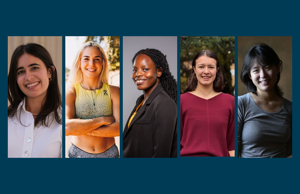 From left: Aruna Balasubramanian, Sydney Barta, Vivian Chinoda, Julie Sieg and Sophia Wang are five Society for Science alumni named 2026 Rhodes Scholars