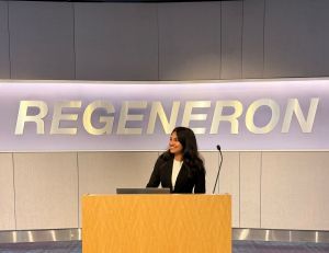 Regeneron STS 2026 finalist Uma Sthanu presents her research during her summer internship with Regeneron's Neurotherapeutics group.
