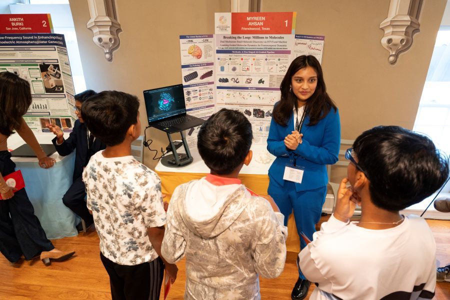 Young visitors explore the research of the top 30 finalists at the 2026 Thermo Fisher JIC Public Exhibition of Projects.