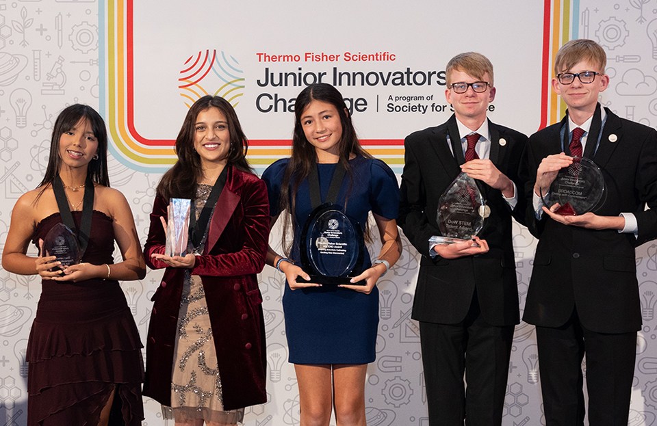 2026: The top five Thermo Fisher JIC winners pose onstage with their awards.