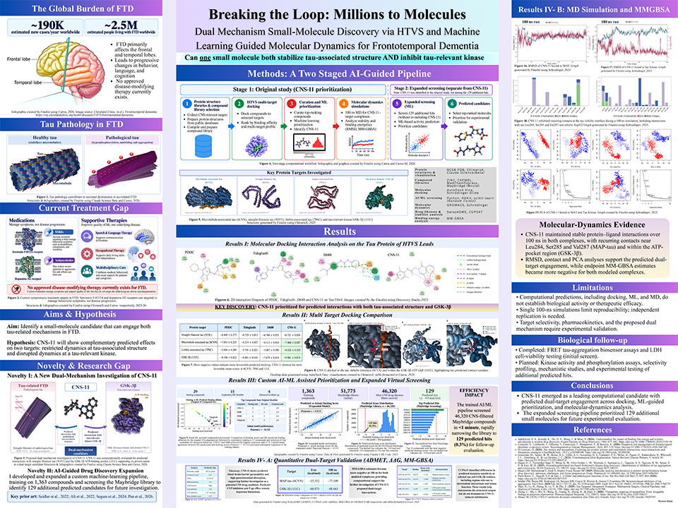 2026 Thermo Fisher Scientific Junior Innovators Challenge Finalist - Myreen Ahsan : Millions to Molecules: Dual Mechanism Small-Molecule Discovery via HTVS and Machine Learning Guided Molecular Dynamics for Frontotemporal Dementia