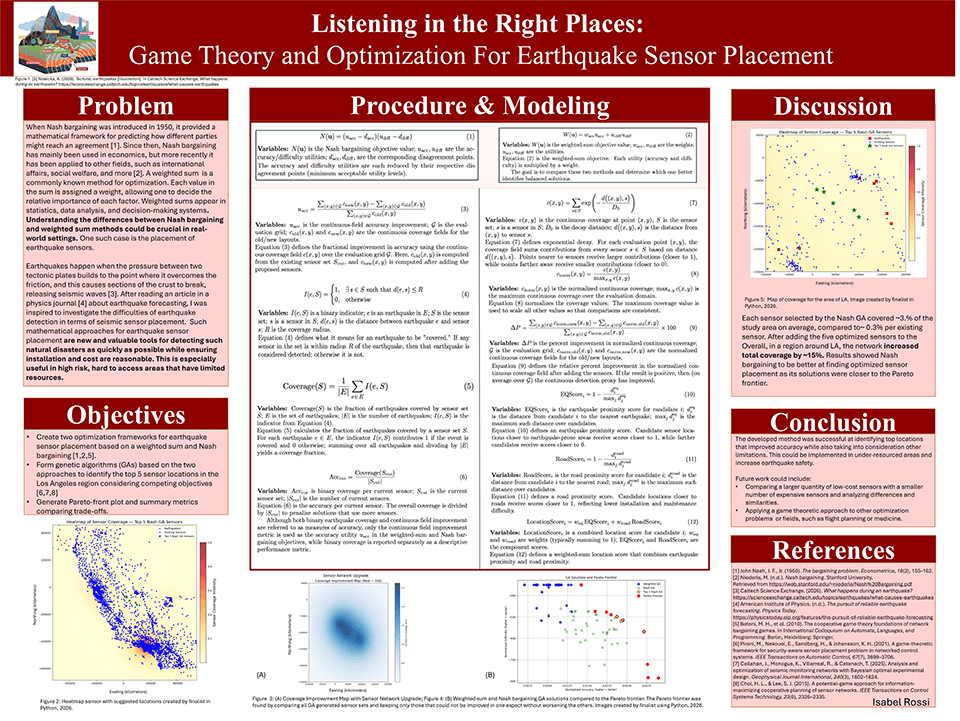 2026 Thermo Fisher Scientific Junior Innovators Challenge Finalist - Isabel Rossi: Listening in the Right Places: Game Theory and Optimization for Earthquake Sensor Placement