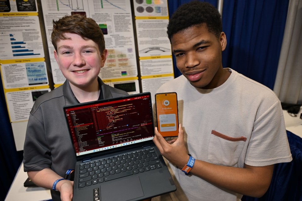 Finnegan Sommer and Olutayo Oyewusi present their research at Regeneron ISEF 2026
