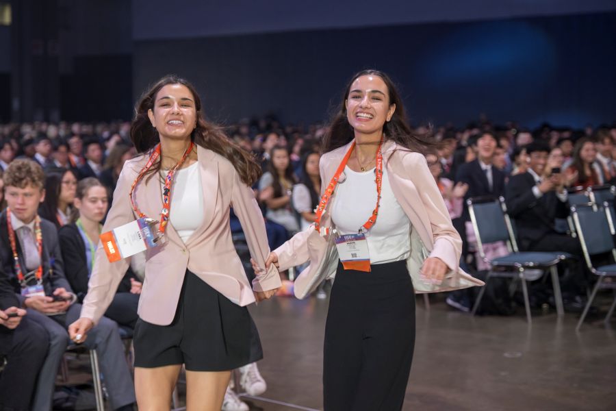 Lara and Maya Hammoud share a joyful moment at the Regeneron ISEF 2024 Grand Awards Ceremony.