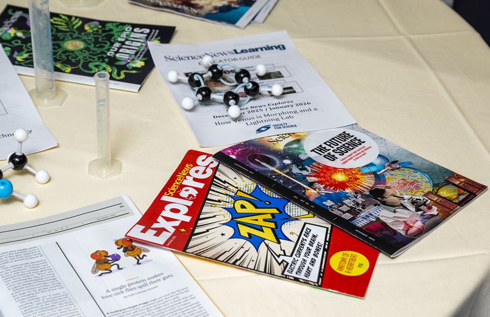 Science News Learning December 2026/January 2026 Educator Guide with Science News and Science News Explores magazine copies.